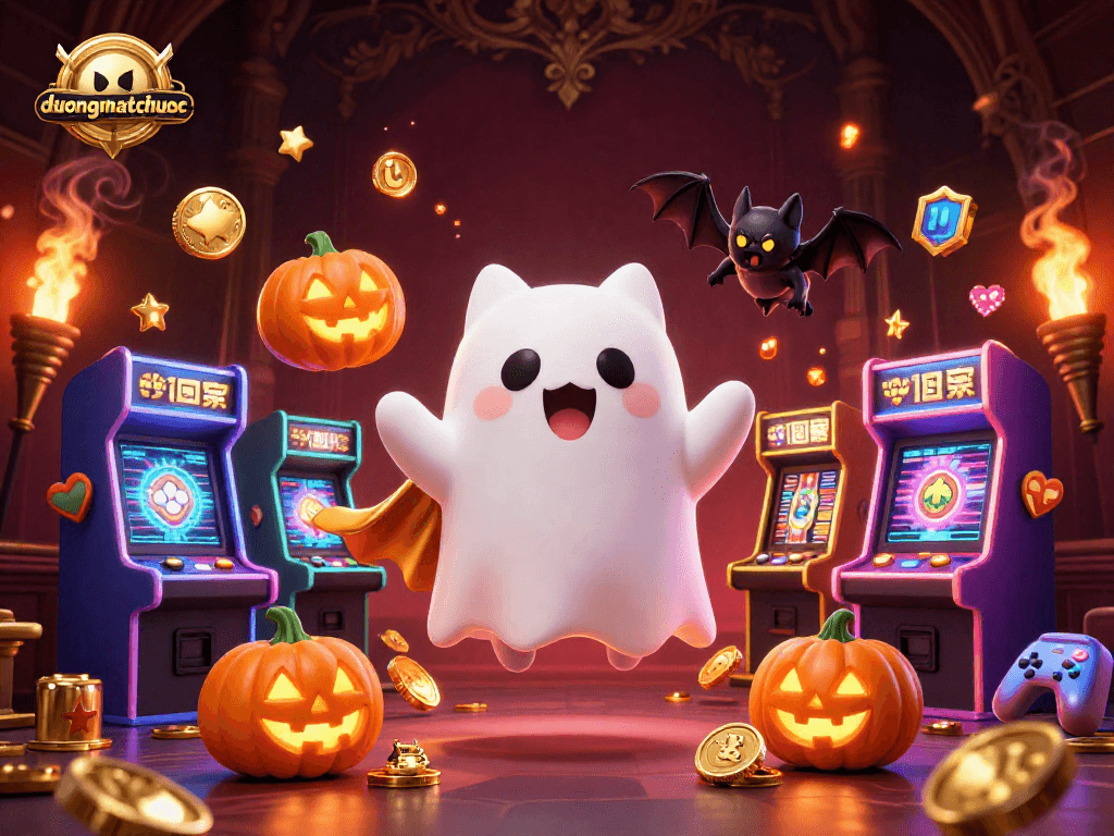 Spin the reels with duongmatchuoc's friendly ghost cat in a vibrant haunted casino.