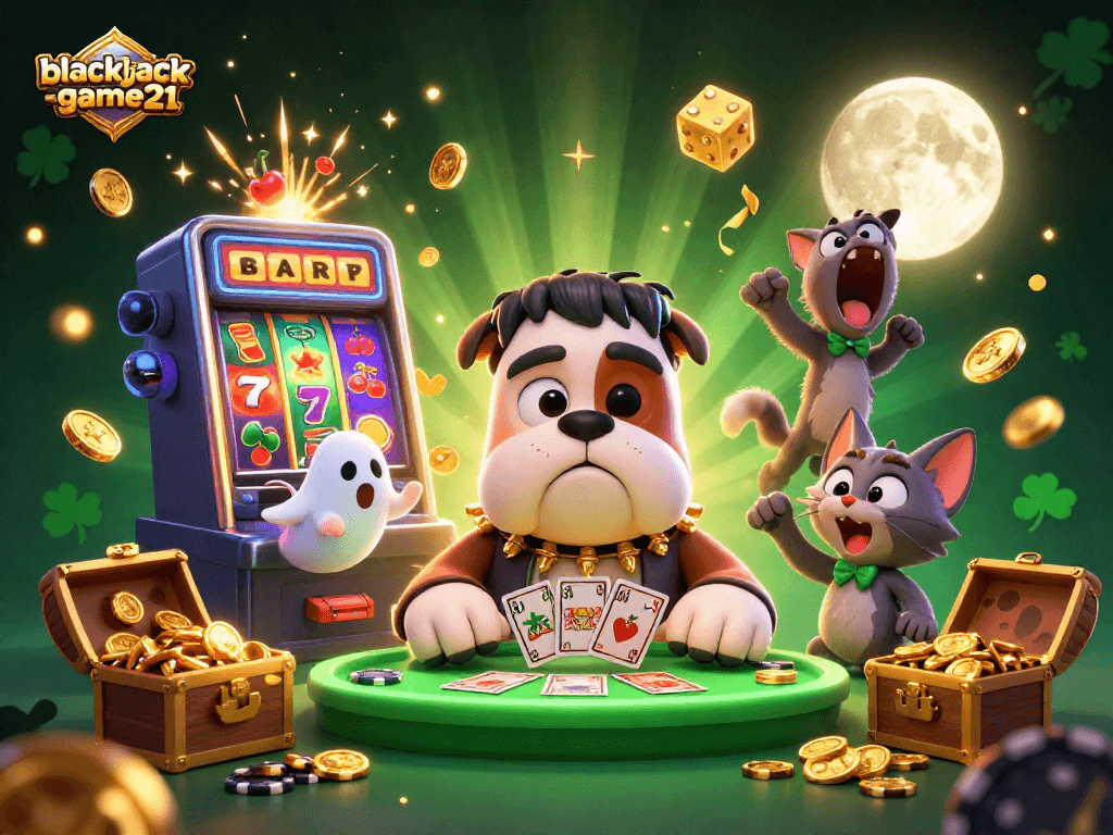 Experience thrilling gameplay with blackjack-game21 as Frankenstein bulldog deals cards at a spooky table.