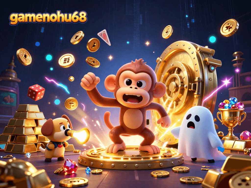 Catch treasures at gamenohu68 with a mischievous poltergeist monkey in a haunted casino scene.