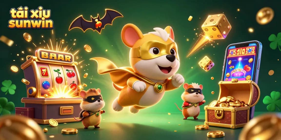 Engage with tài xỉu sunwin in this vibrant scene of a superhero dog and friends amidst a casino burst.