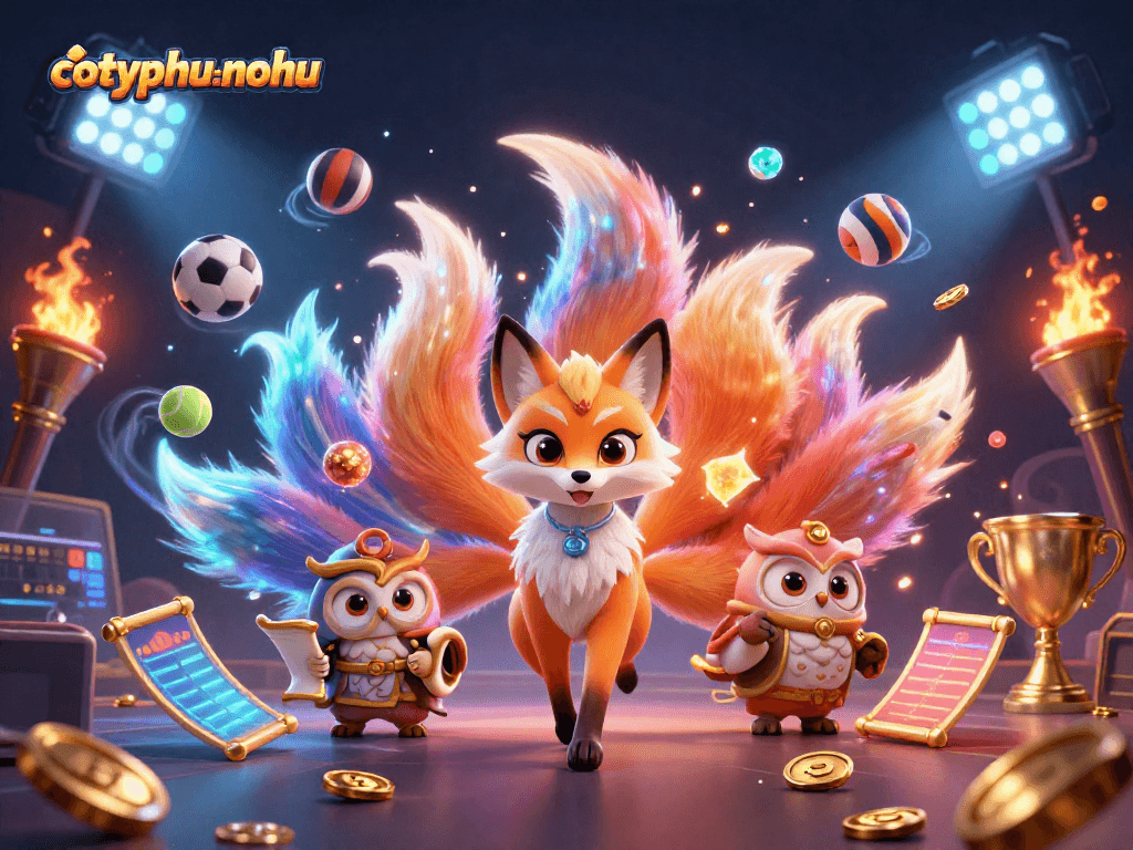 Cotyphu-nohu showcases an enchanting nine-tailed fox and wise owl among colorful gambling elements.