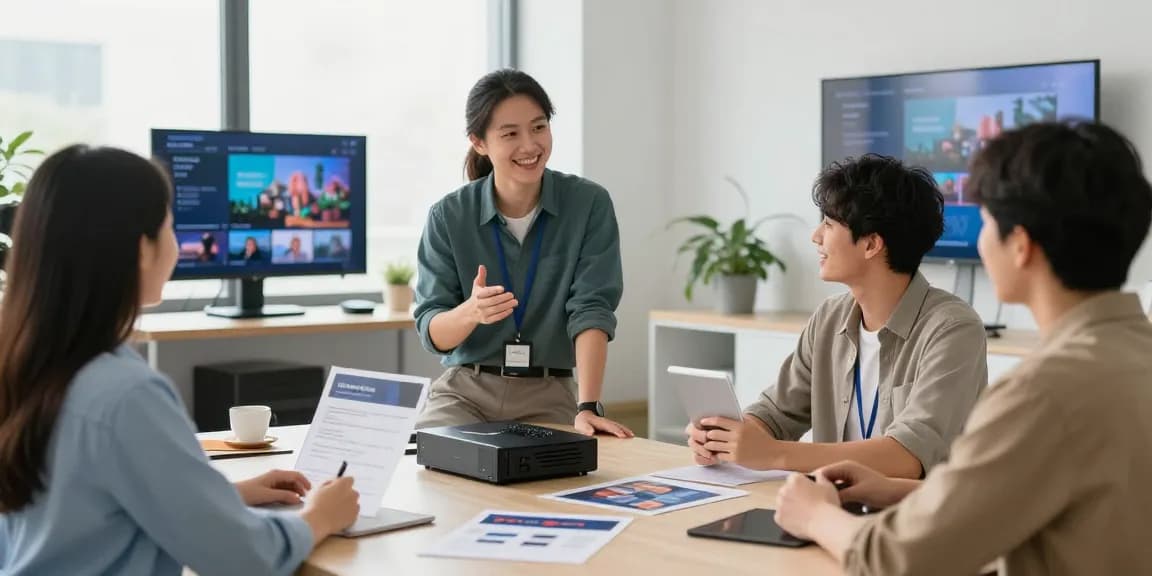 IPTV reseller discussing services with clients in a modern, community-focused setting.