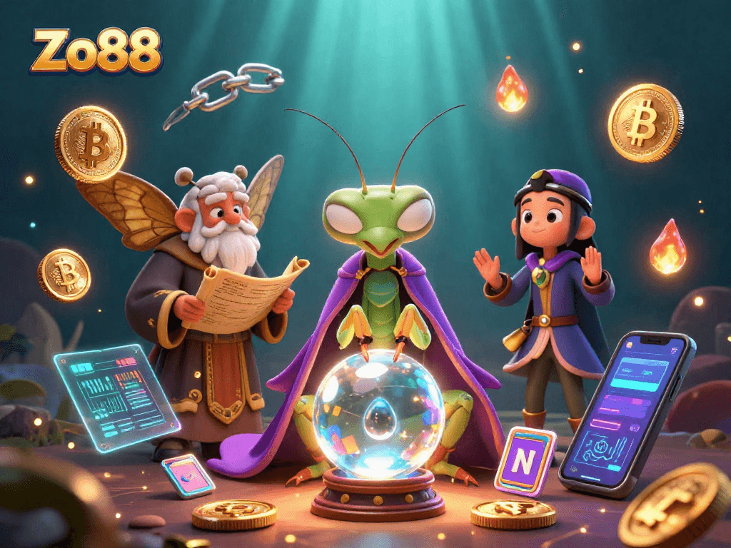 Engage with exciting games at Zo88, featuring vibrant 3D illustrations of fortune tellers and crypto elements.