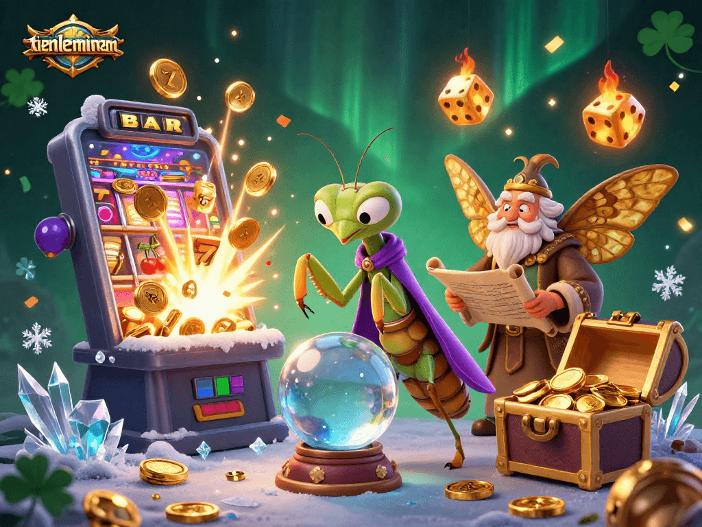 Spin the reels at tienlenmiennam with vibrant characters and dazzling casino elements in a thrilling illustration.