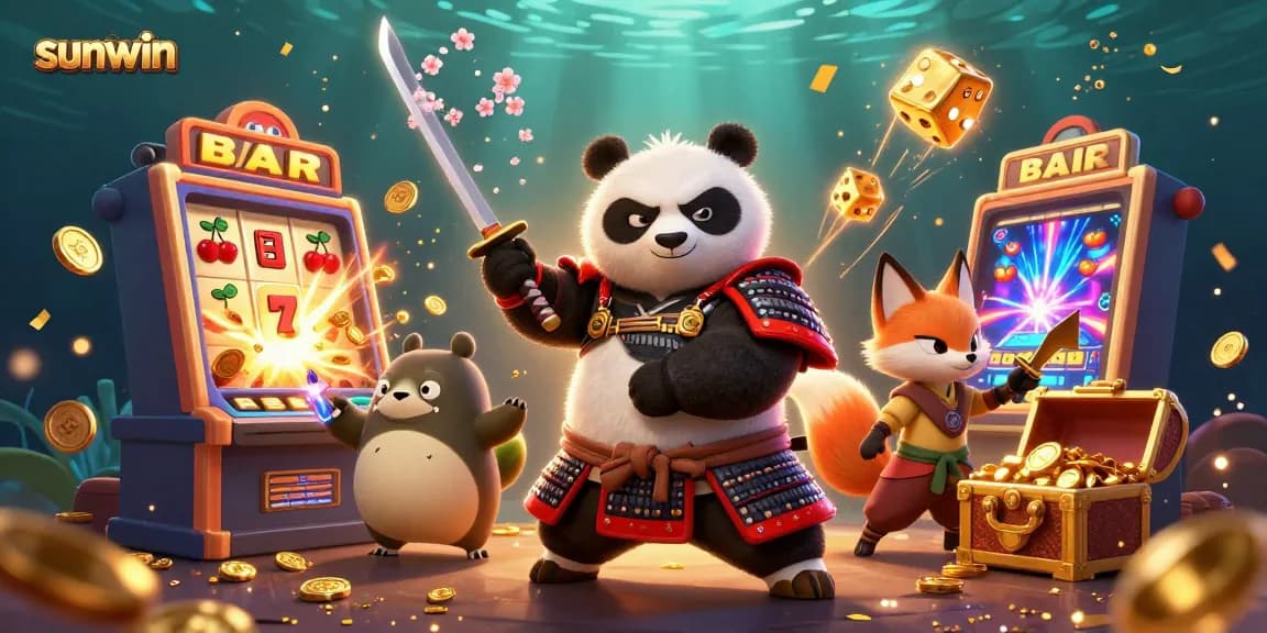 Enhance your gaming experience with sunwin's vibrant casino scene featuring a samurai panda, ninja fox, and magical tanuki.