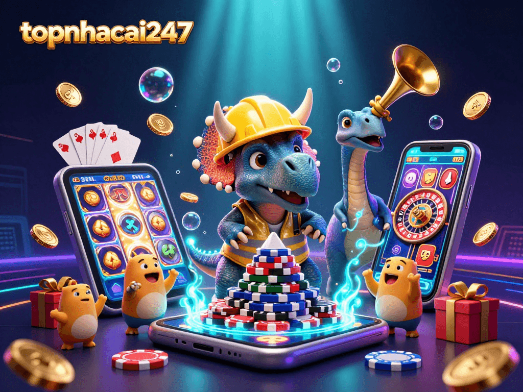 Join the excitement of topnhacai247 as a triceratops builds poker chips, celebrating casino fun!