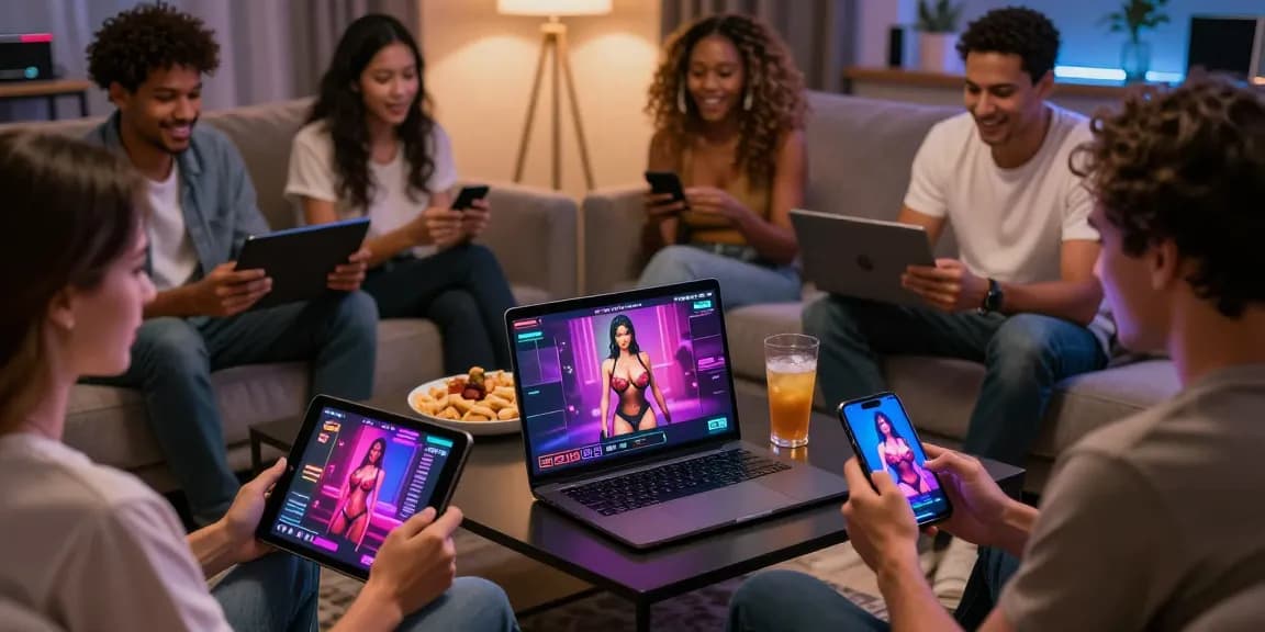 Engaged adults playing a porn game in a cozy living room, showcasing immersive 3D graphics.