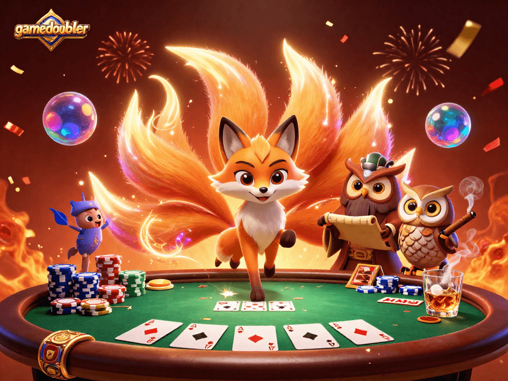 Engage with gamedoubler's vibrant casino experience featuring a mystical fox spirit and energetic game elements.