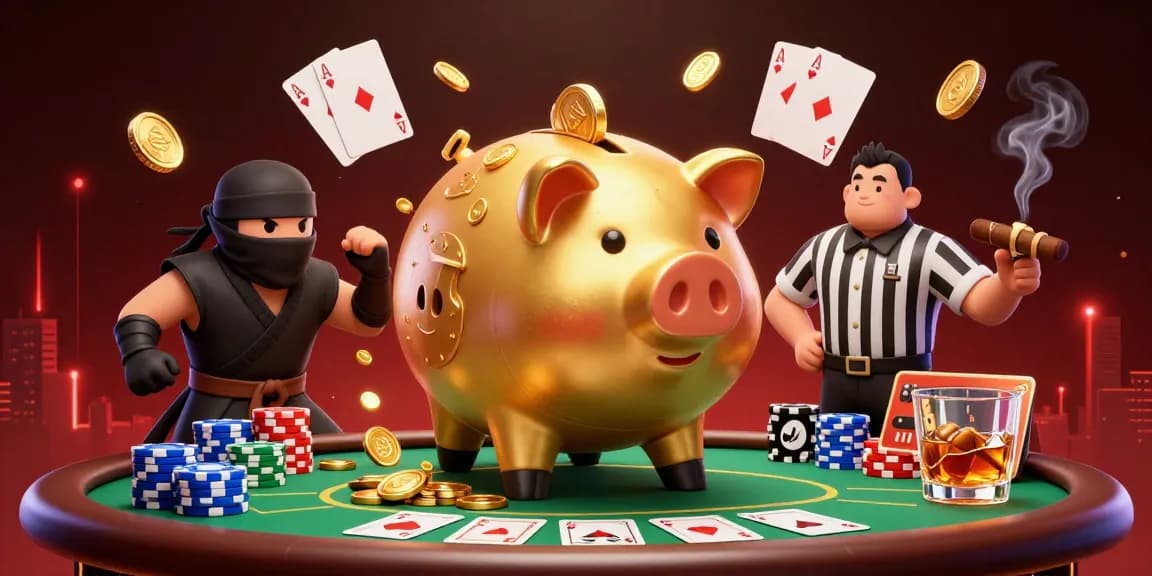 Go88 poker scene with golden piggy bank sumo wrestler and colorful poker elements.
