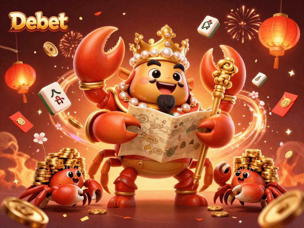 Engage with Debet's vibrant casino scene featuring a golden crab emperor and interactive gaming elements.