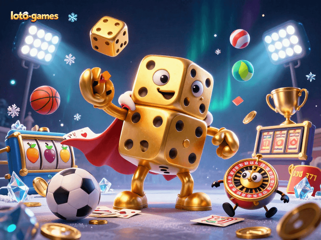 Engage with loto-games in an electrifying casino scene featuring golden dice, vibrant slots, and dynamic elements.