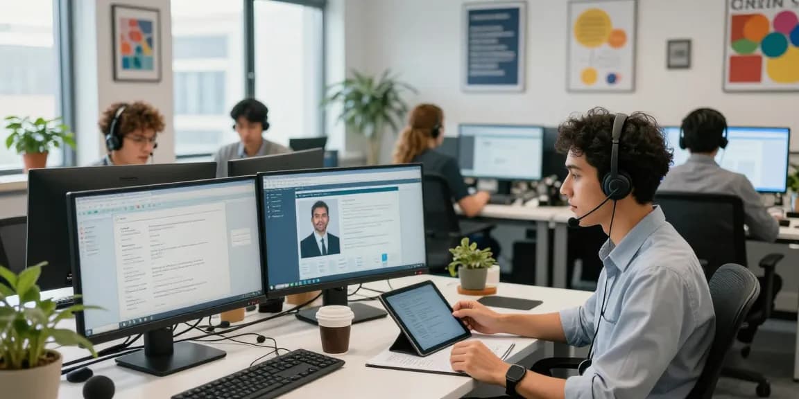 Call centre software in action with diverse agents collaborating and assisting customers in a modern office.