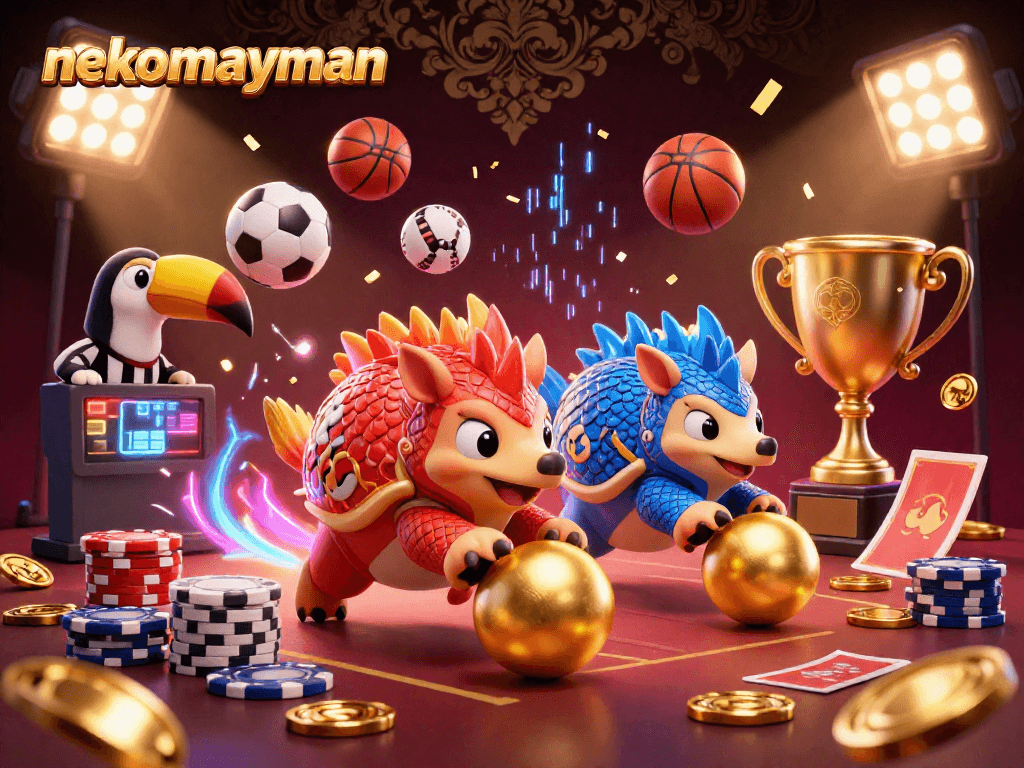NekoMayman pangolins bowl through poker chips, capturing excitement in a dynamic gambling scene.