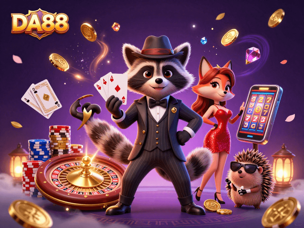 Experience thrilling gameplay at DA88 with vibrant casino characters amidst glittering winnings.