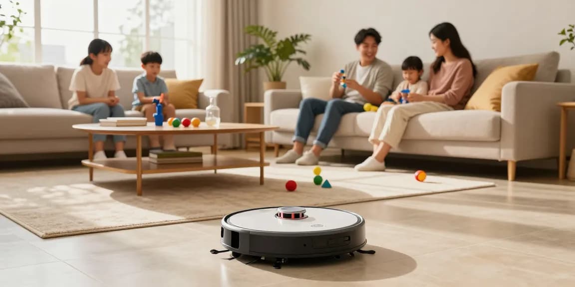 Robot vacuum 2026 cleaning a modern living room while a family enjoys their time together.