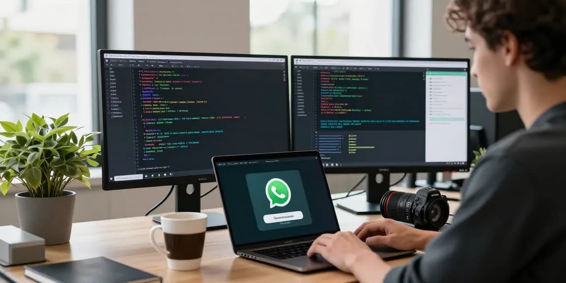 Efficiently downloading WhatsApp下載 on a sleek laptop in a modern office workspace.
