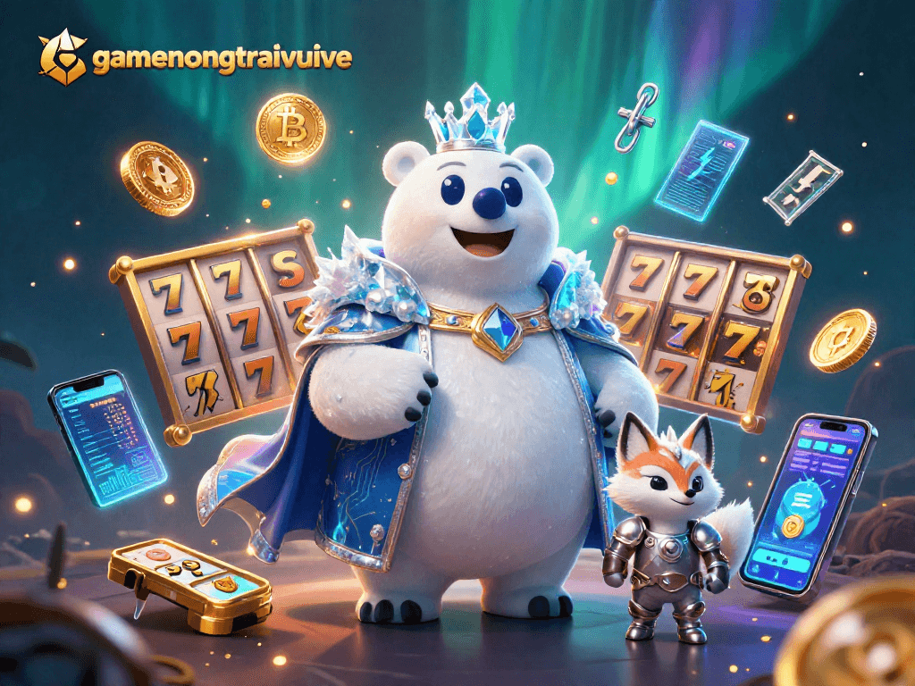 The gamenongtraivuive scene captures winning moments with a polar bear ice king, embodying the thrill of jackpot slots.