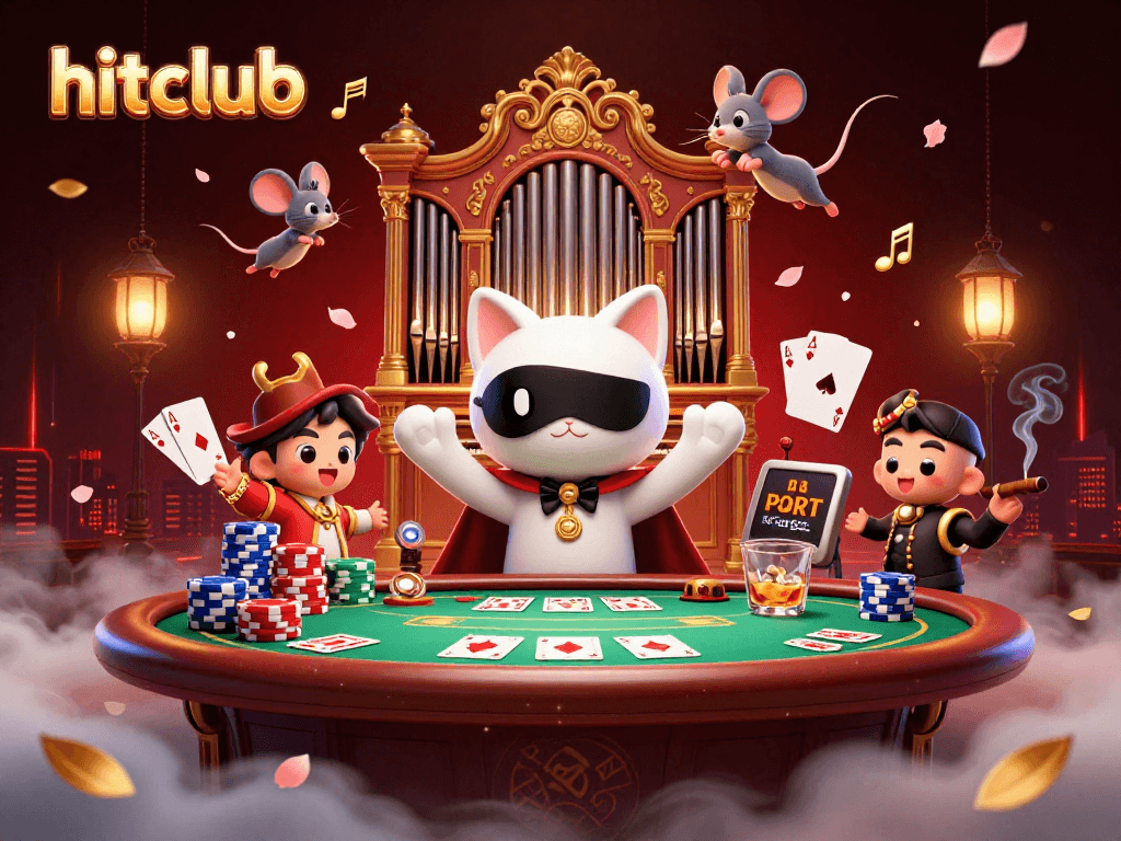 Experience the excitement at hitclub with a vibrant casino scene featuring a phantom cat and mouse acrobat.