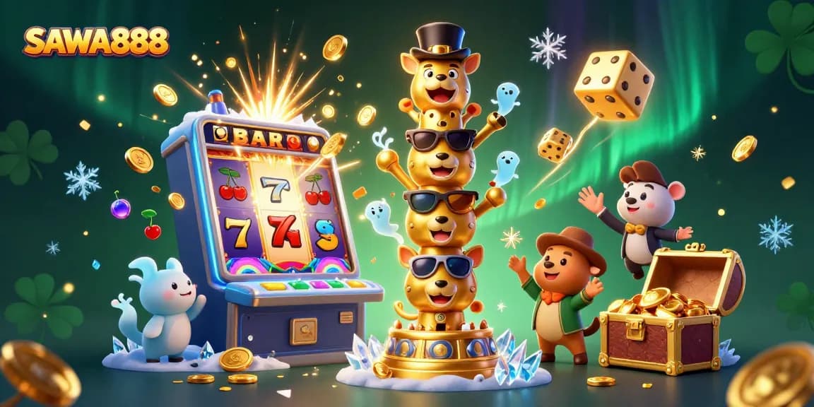 Experience massive wins at SAWA888 with an explosive jackpot scene, showcasing slot machines, vibrant symbols, and golden treasures.