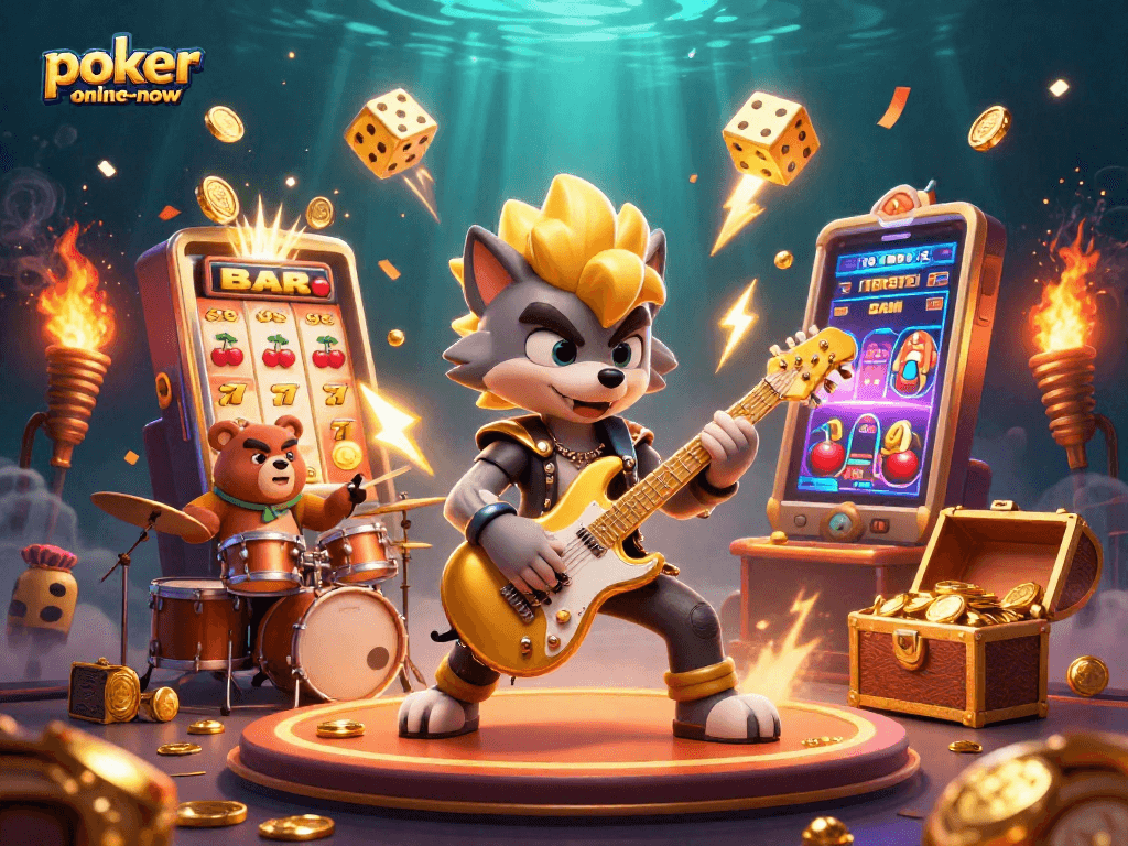 Experience poker-online-now with electrifying casino excitement featuring a rock star wolf and thrilling jackpots!