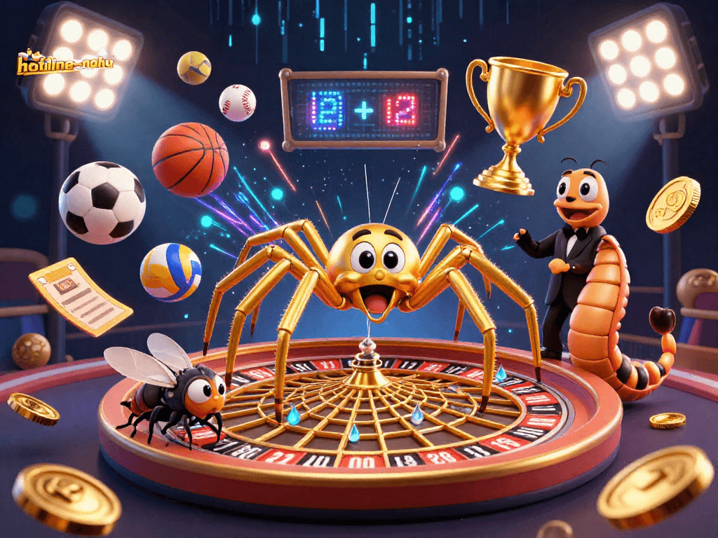 Experience the excitement of hotline-nohu as a golden spider spins a roulette wheel web with dynamic sports elements.