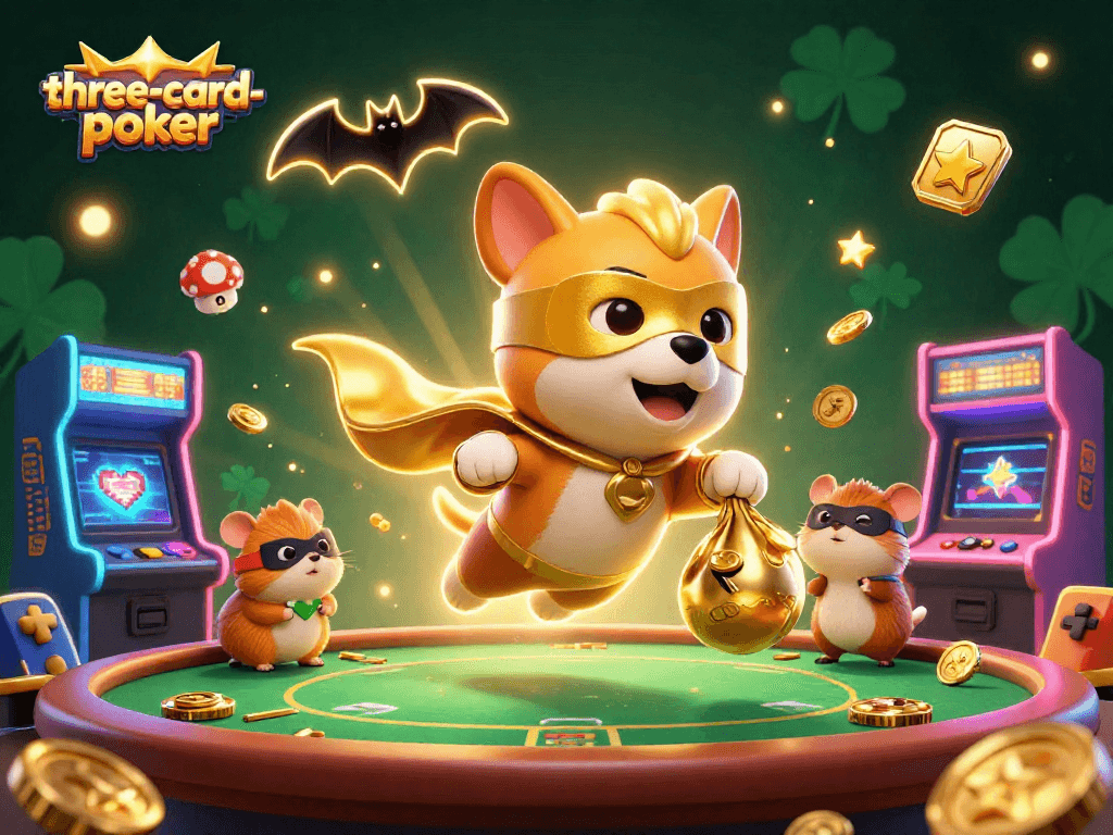 Play three-card-poker with excitement as a superhero dog flies above colorful casino elements.