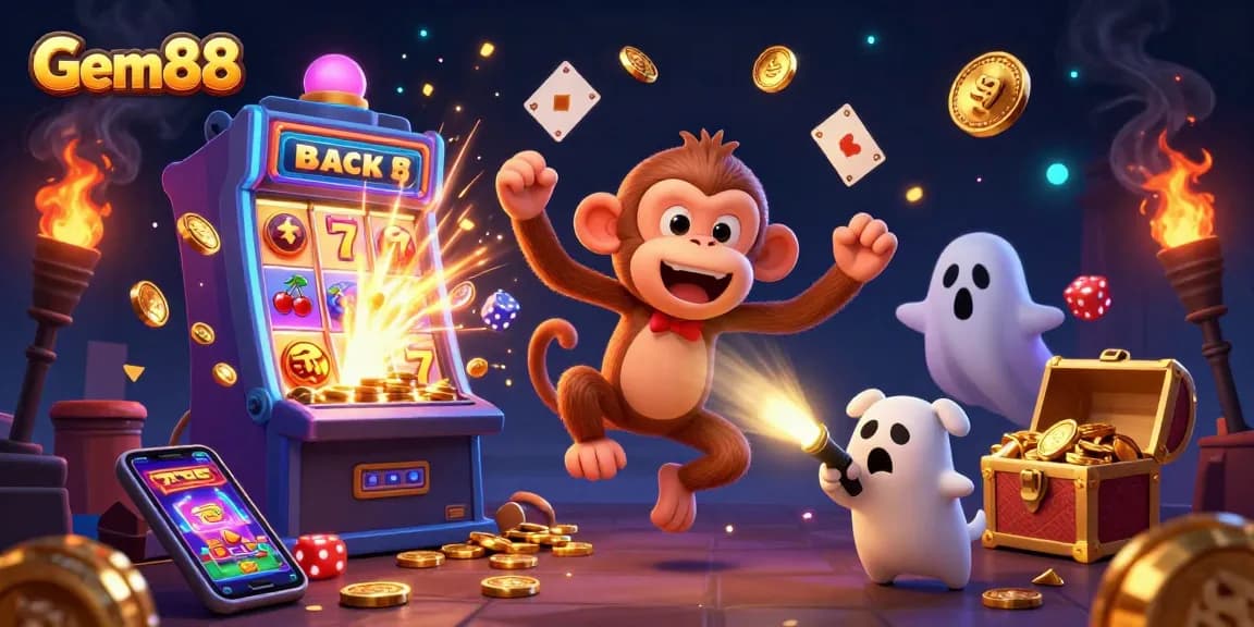 Win Big with Gem88's thrilling casino gaming featuring a mischievous monkey and a ghost-hunter puppy.