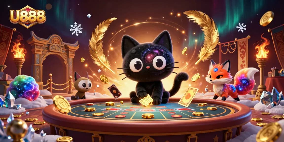 U888's cartoon cat attracts golden chips at a cosmic casino table amidst vibrant game elements.