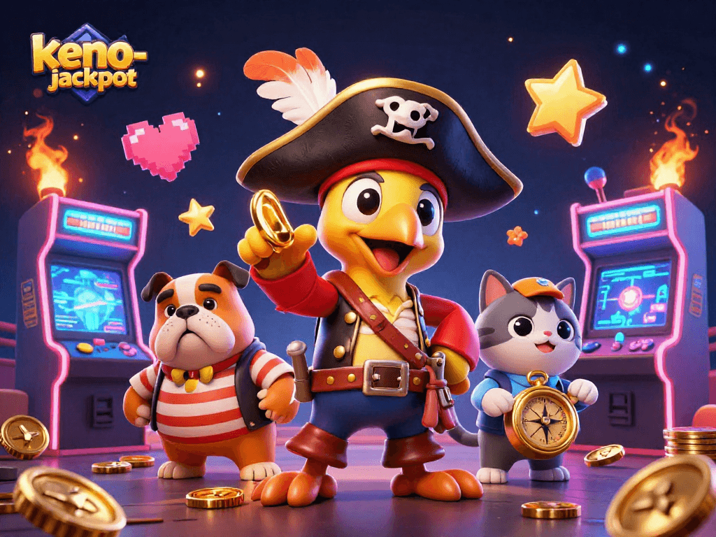 Join the excitement at keno-jackpot with a cartoon pirate captain and adventures in a vibrant casino!