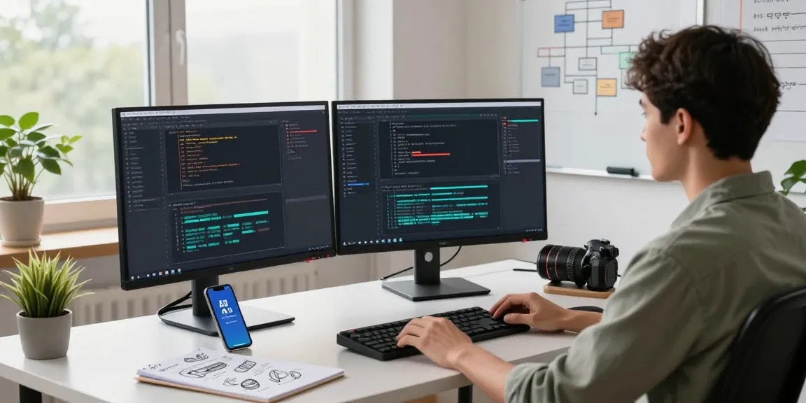 Build internal tools with AI in a modern workspace showing developers coding and collaborating.