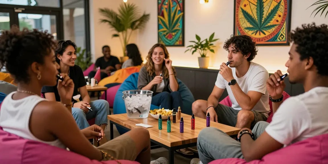 Friends enjoying premium thc vapes in a vibrant cannabis lounge setting, sharing experiences in a lively atmosphere.