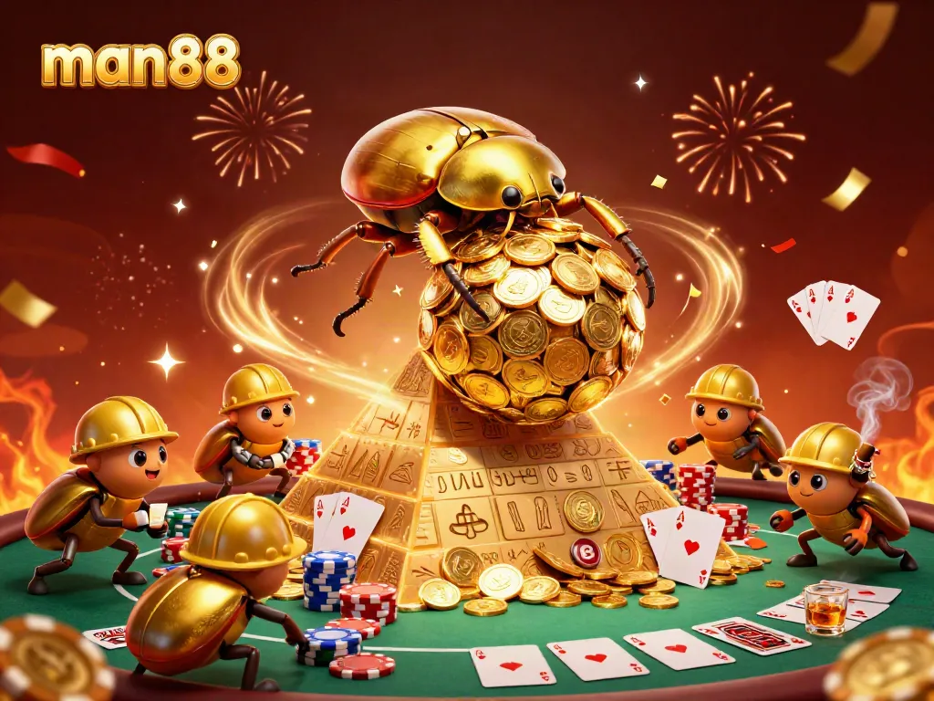 Experience high-stakes excitement at man88 with golden dung beetles celebrating wins amidst casino treasures.
