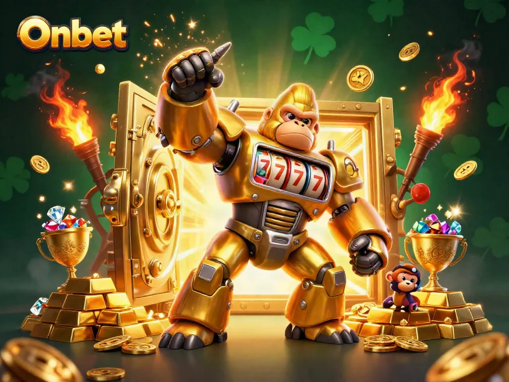 Join the Onbet golden gorilla mech as it bursts into action, surrounded by treasure and excitement.
