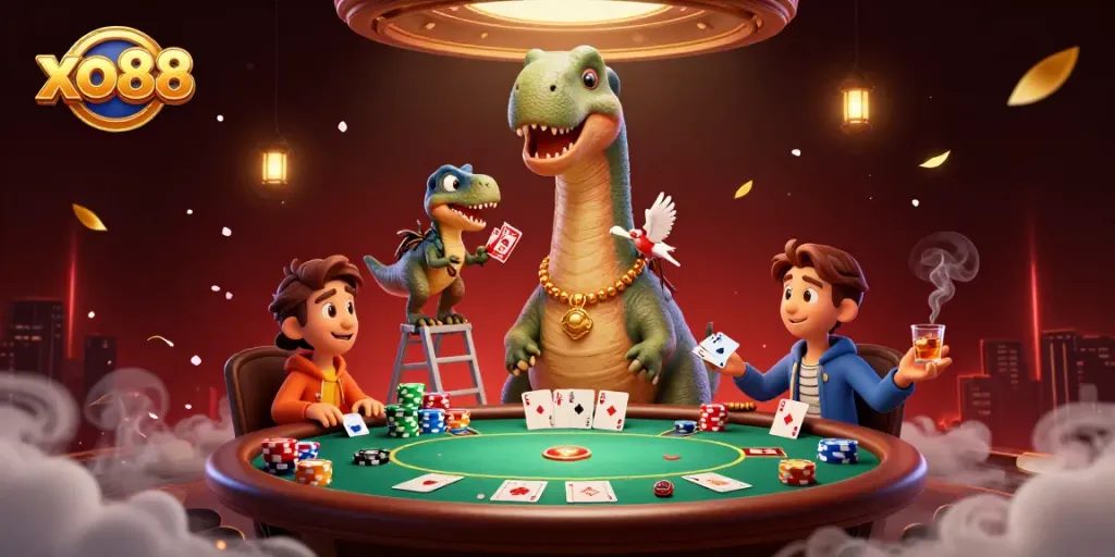 Experience thrilling wins at xo88 with a playful brontosaurus dealer and exciting poker action.