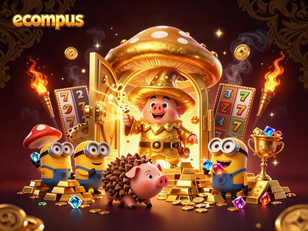 Engage in treasure hunting with ecompus, featuring a golden wizard, treasures, and vibrant slot elements.