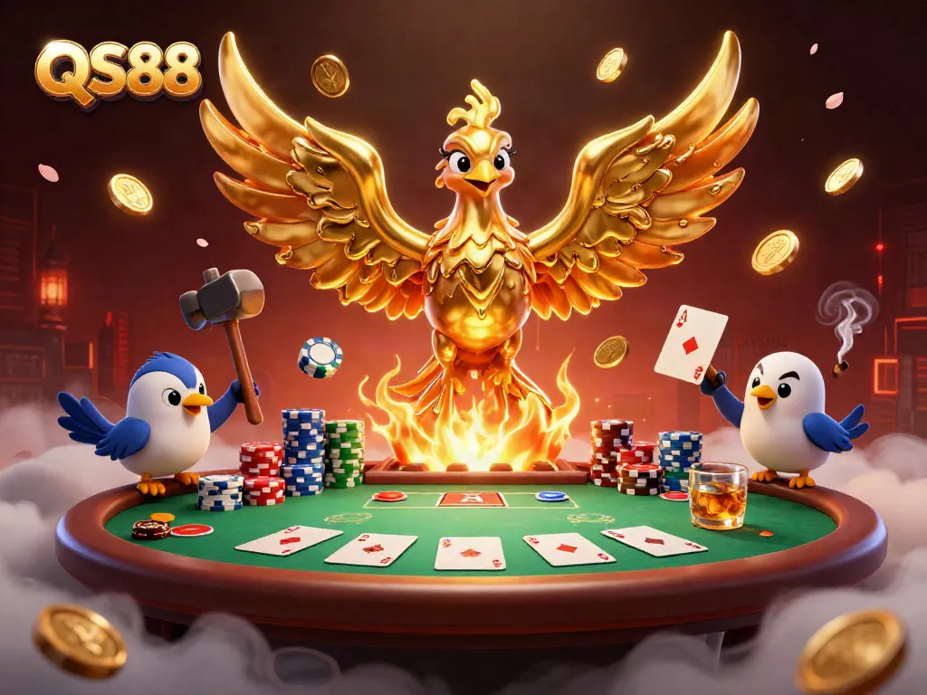 Experience the thrilling QS88 casino atmosphere with a phoenix soaring amidst gaming elements.
