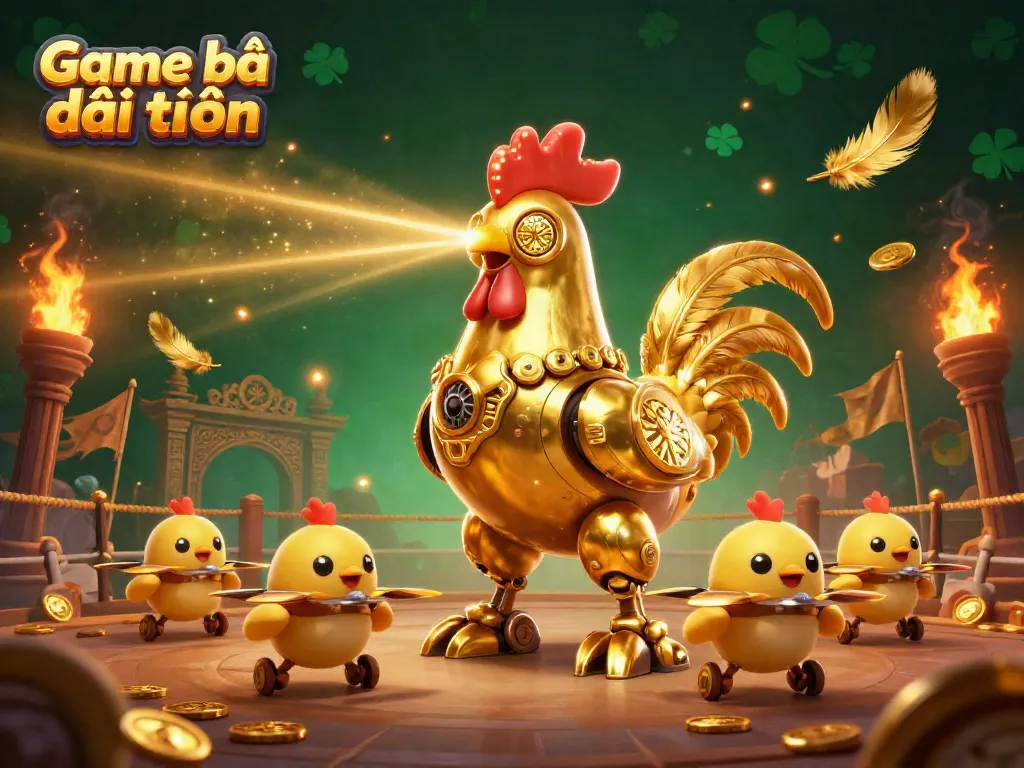 Cresting excitement in the Game bài đổi thưởng scene featuring golden rooster robot and dynamic casino elements.