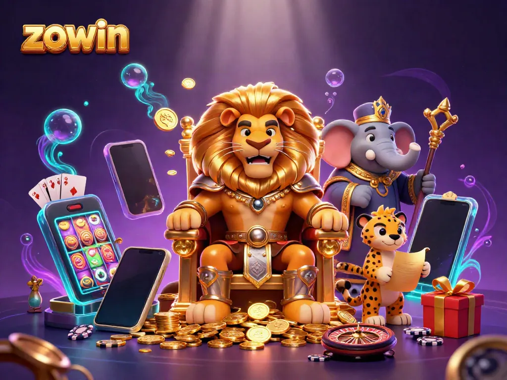 Zowin casino scene featuring a lion king on a throne of gold coins with dynamic gaming elements