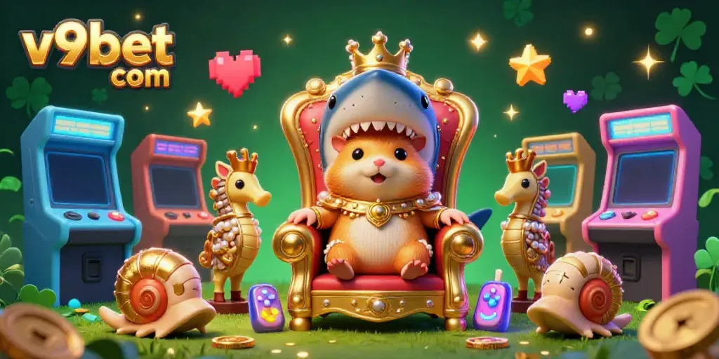 Experience thrilling casino games with v9bet com, featuring a vibrant 3D illustration of a hamster king on a megalodon throne.