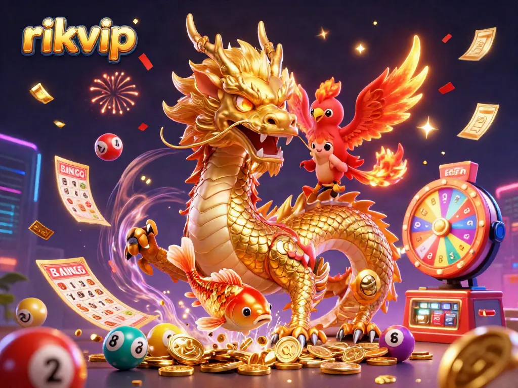 Experience thrilling wins with rikvip featuring a dragon, phoenix, and koi fish in an exciting casino scene.