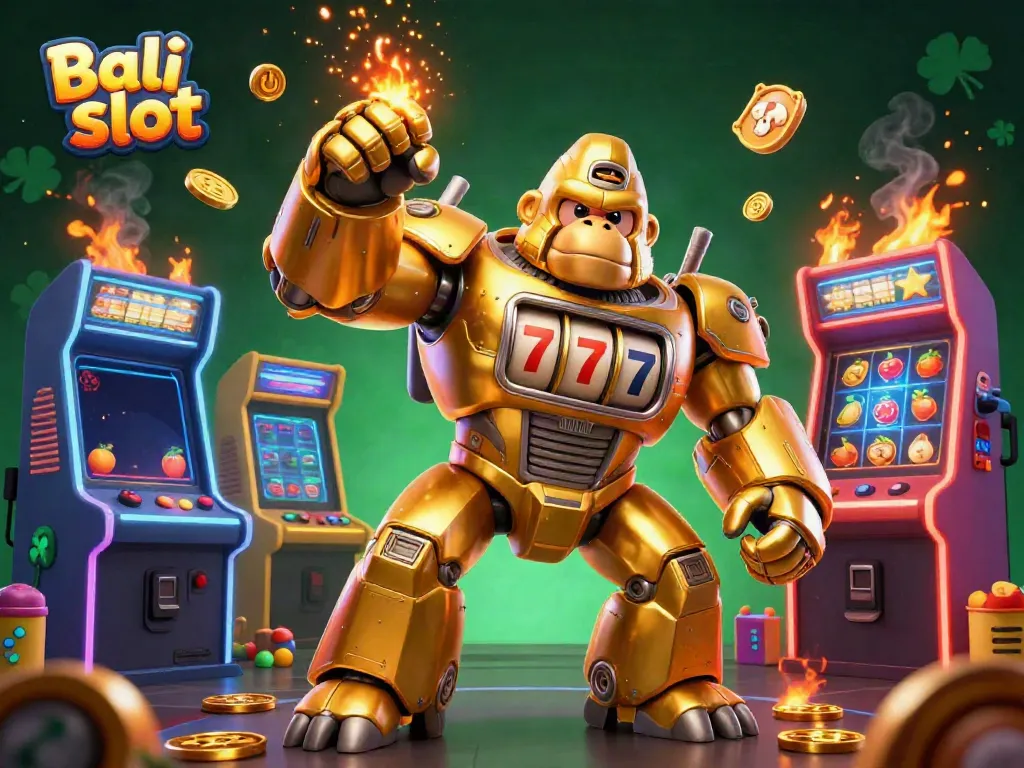 Engaging illustration of a golden gorilla mech symbolizing Bali slot excitement, bursting with coins and vibrant game elements.