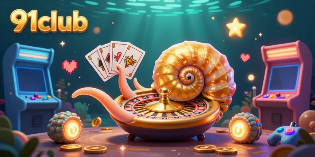 Engage in thrilling games with 91club's cartoon nautilus and glowing ammonites amidst arcade elements.