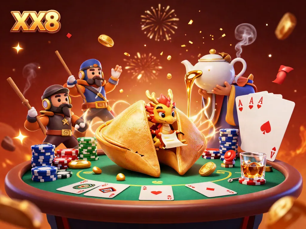 Engage in thrilling gameplay with XX8, featuring a vibrant casino scene full of fortune cookies, poker chips, and a wise dragon.