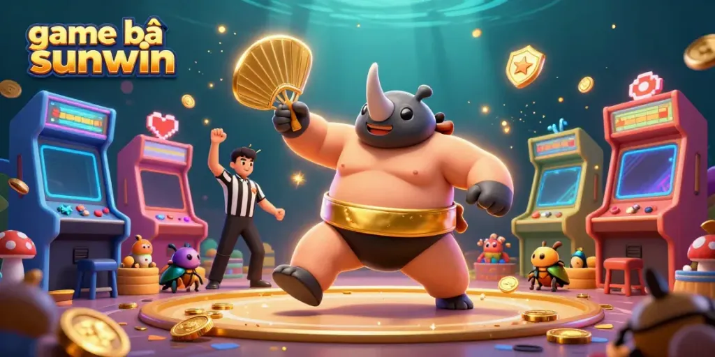 Engage in game bài sunwin with a dynamic 3D scene of a sumo beetle champion, glowing arcade elements, and golden coins.