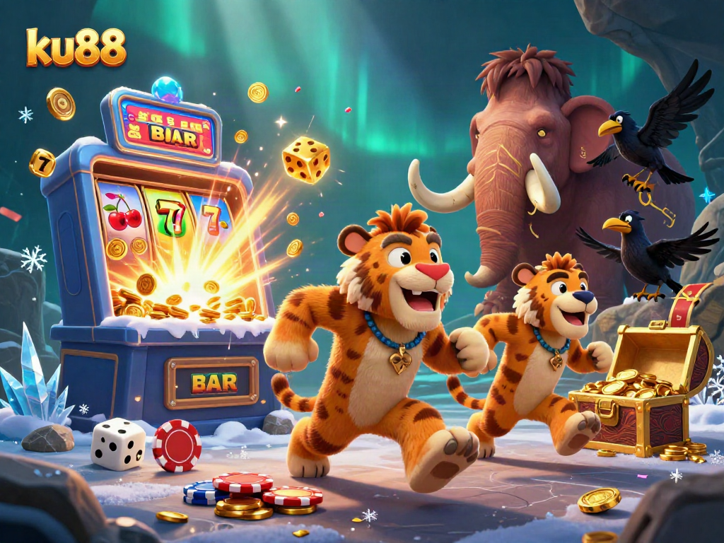 ku88 players winning big at a prehistoric casino with a sabertooth and caveman duo