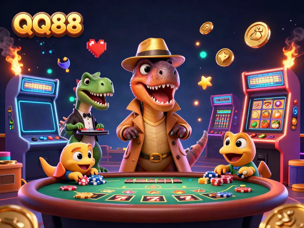 Catch thrilling action at QQ88 as a cartoon velociraptor secretly counts cards at a busy blackjack table