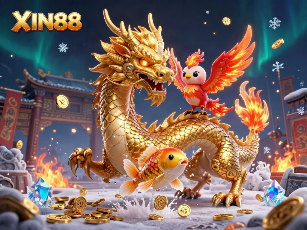 XIN88 showcases a vibrant illustration of gaming excitement featuring a golden dragon, phoenix, and koi fish amidst coins and festive elements.