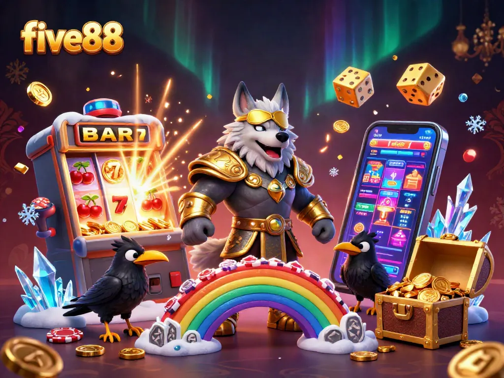 Experience the thrilling world of five88 with Odin and his ravens amidst vibrant gambling elements.