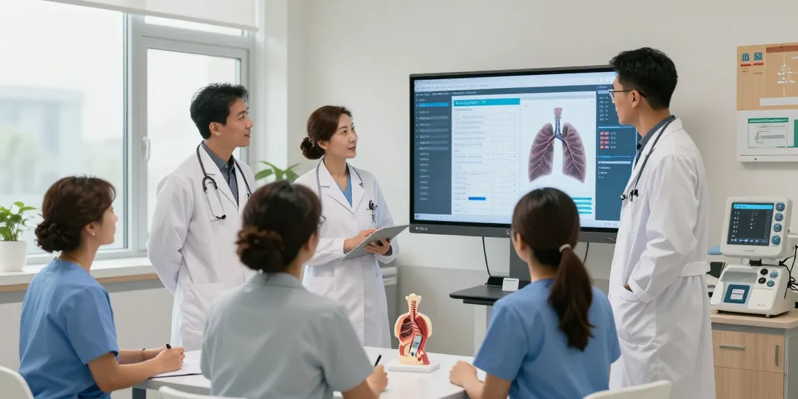 Lung transplant Abu Dhabi team of healthcare professionals discussing patient care in a modern hospital.