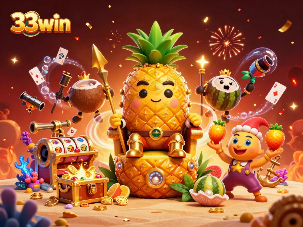 Experience 33win's vibrant casino world with golden treasures, games, and festive celebration.